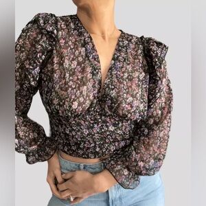 Zara, size small, Cropped Blouse Floral Long Sleeve Ruffle V Neck sheer